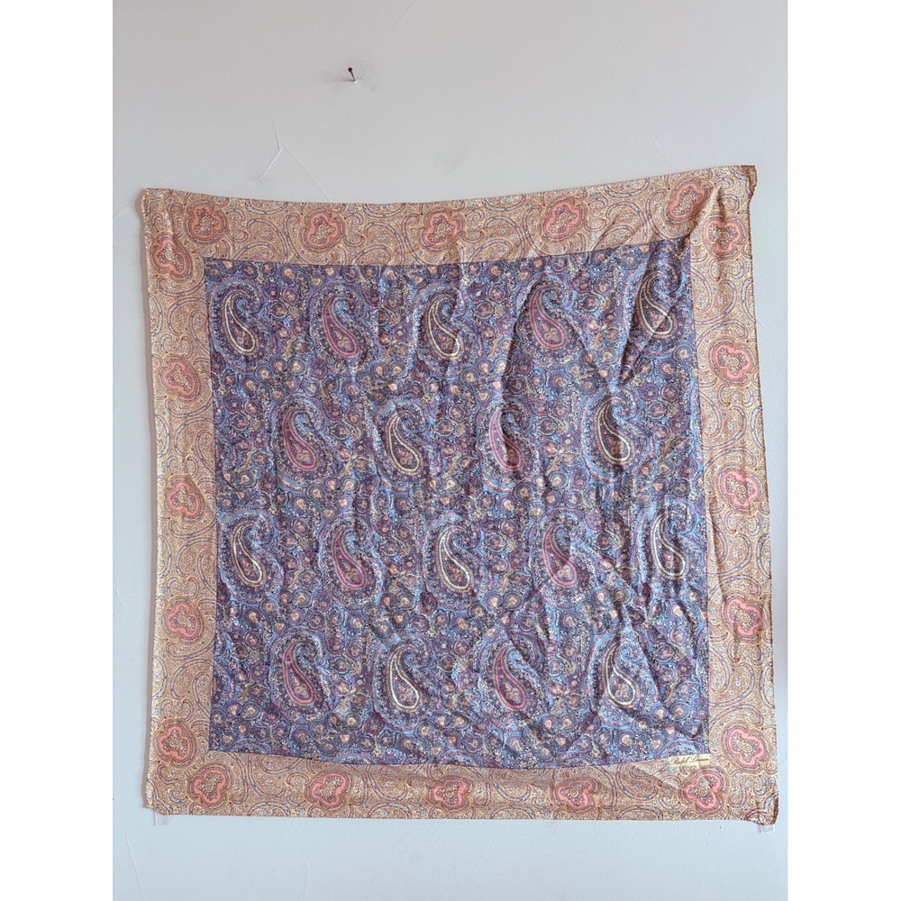 Vintage Ralph Lauren 100% Silk‎ Paisley Square Scarf 34x34 Blue Pink Gold Italy